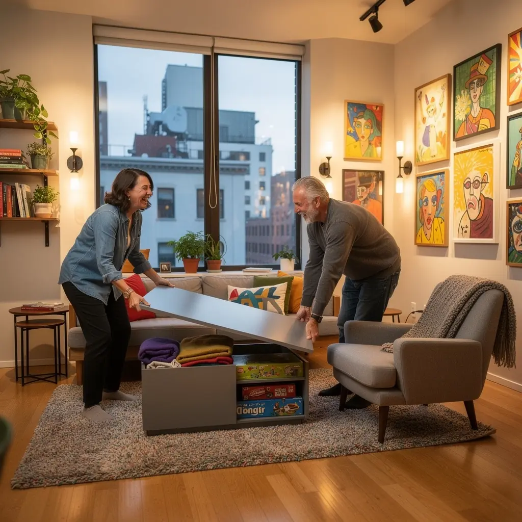 Спальня в небольшом пространстве с встроенными шкафами и мягким светом.