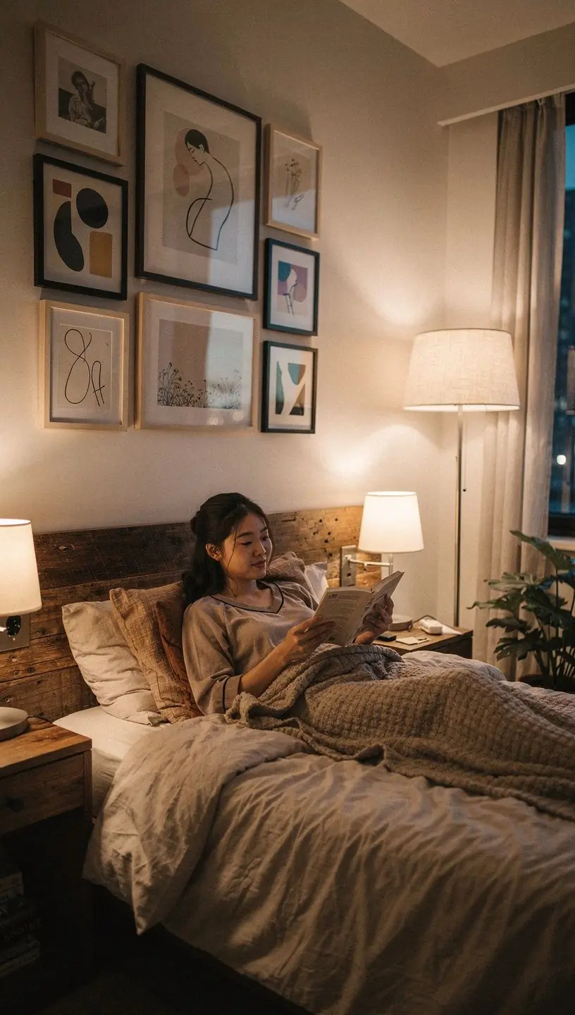 Уютная гостиная с многофункциональной мебелью и стильным освещением.