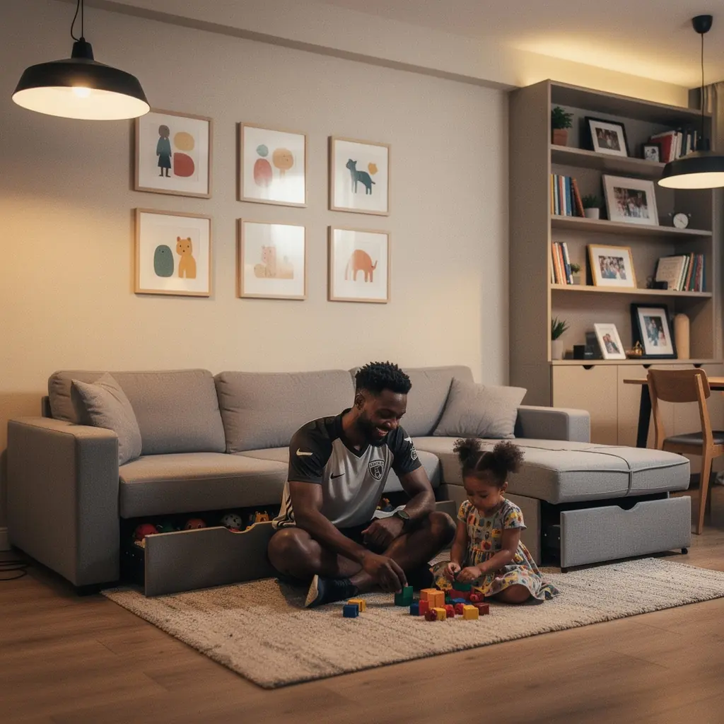 Кухня с оптимизированным хранением и яркими светильниками над рабочей зоной.