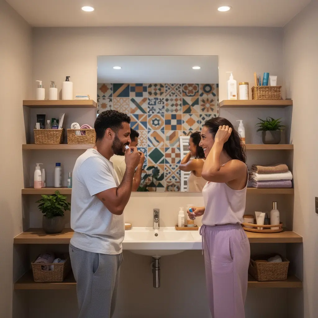 Ванная комната с умным хранением и элегантным освещением для создания атмосферы.