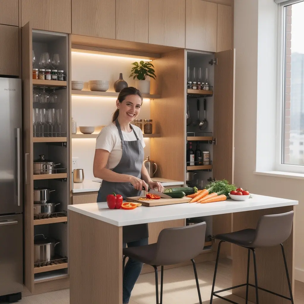 Прихожая с функциональными полками и стильным светом, максимально использующая пространство.