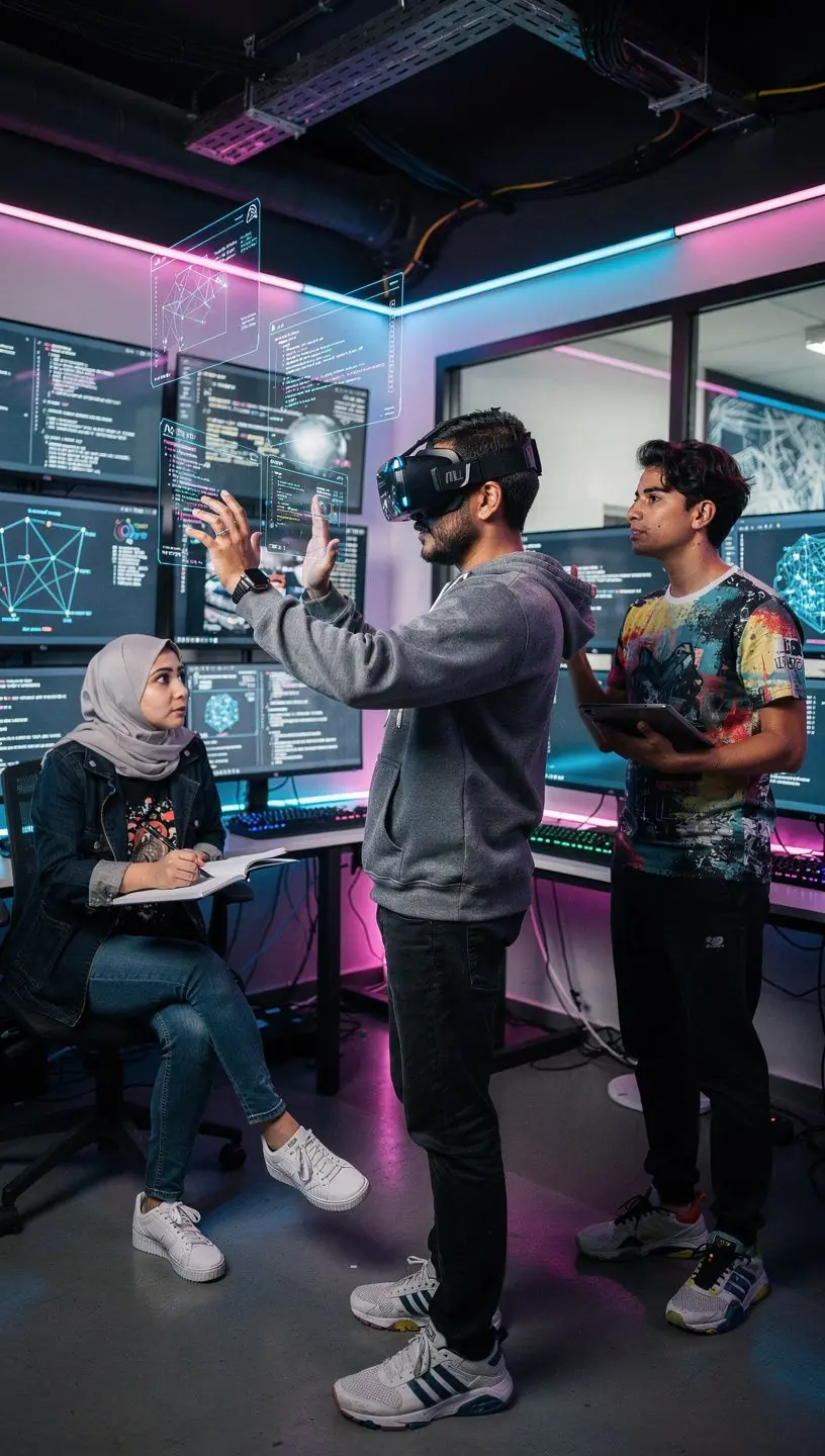 Студенты, работающие над совместным проектом в учебной лаборатории по IT.